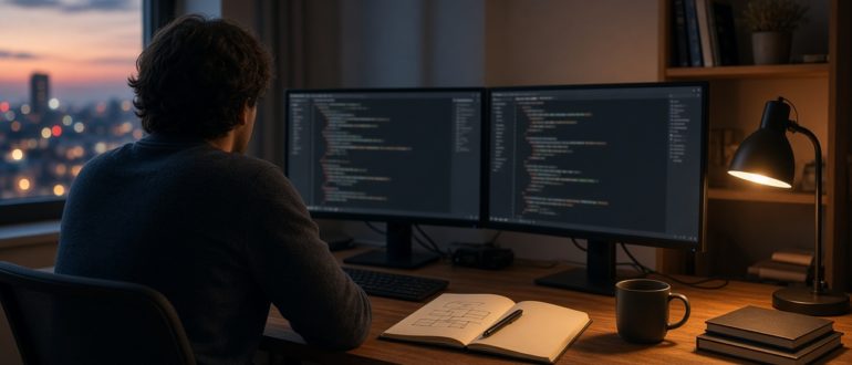 Разработчик за столом, экраны отвёрнуты, в блокноте схема