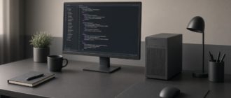 Монитор с абстрактным кодом у компактного ПК
